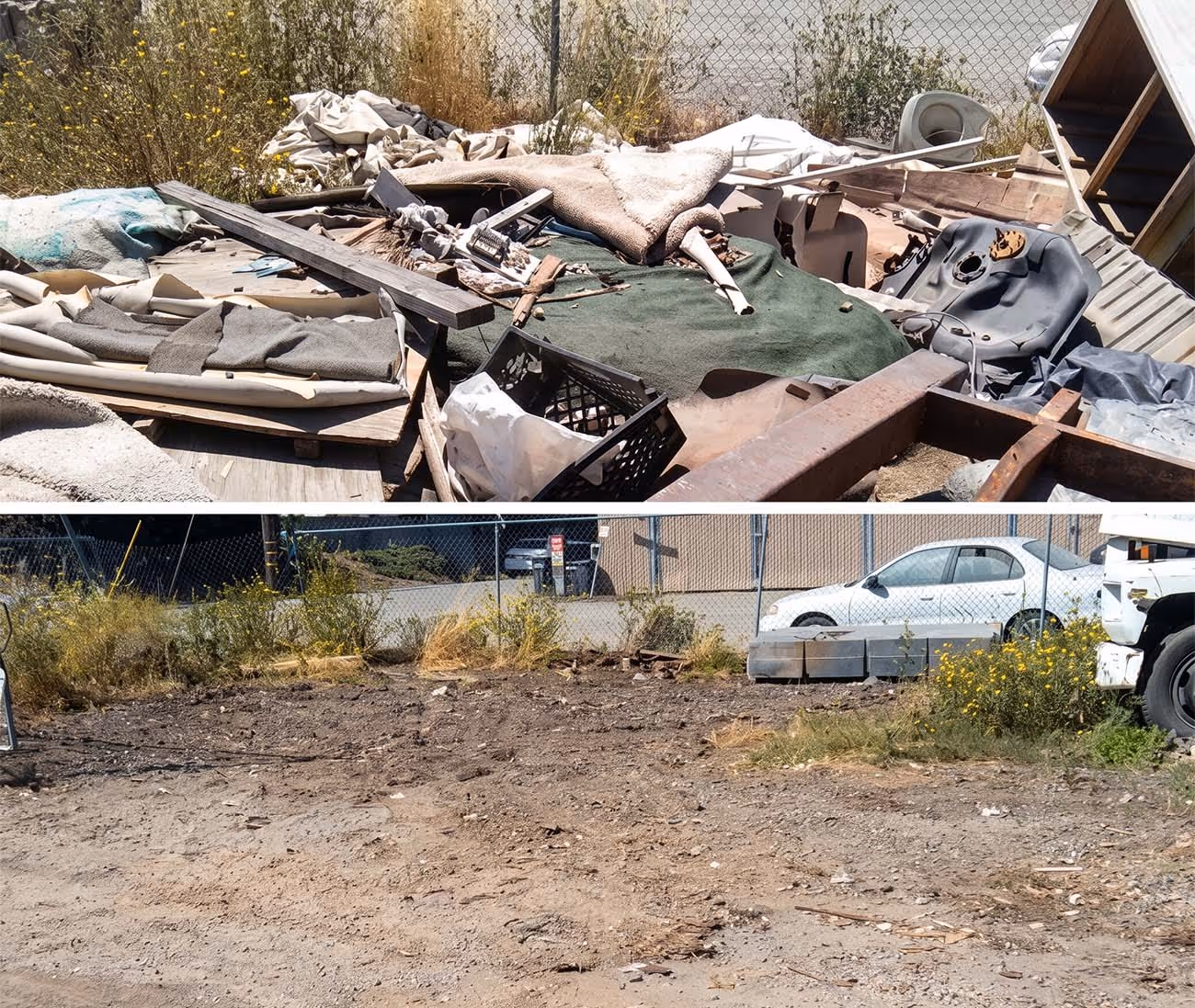Before and after images of an outdoor area: the top shows a cluttered space with debris and discarded items, the bottom shows the same area cleared of debris with visible dirt ground and surrounding vegetation.