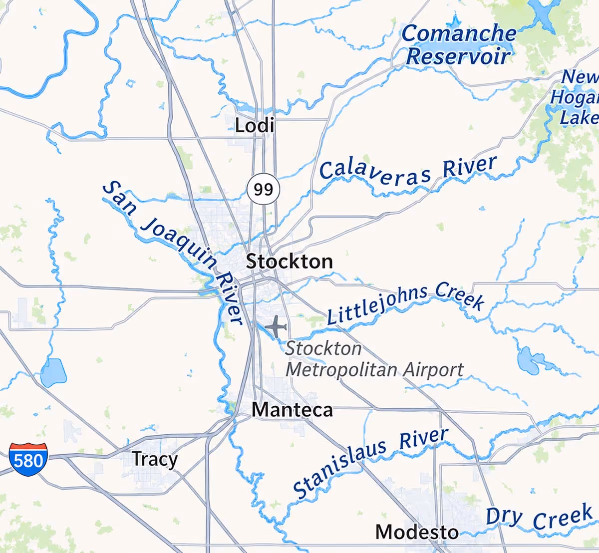Map showing Stockton and surrounding areas including rivers San Joaquin, Calaveras, Stanislaus, and creeks Littlejohns and Dry Creek, with highways 99 and 580 and Stockton Metropolitan Airport.